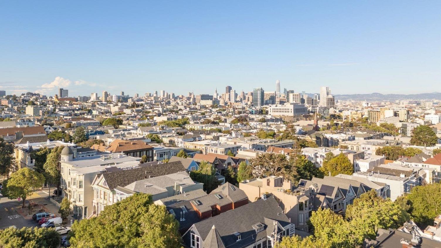 A view of San Francisco's skyline, with the skyscrapers of the city centre in the far distance