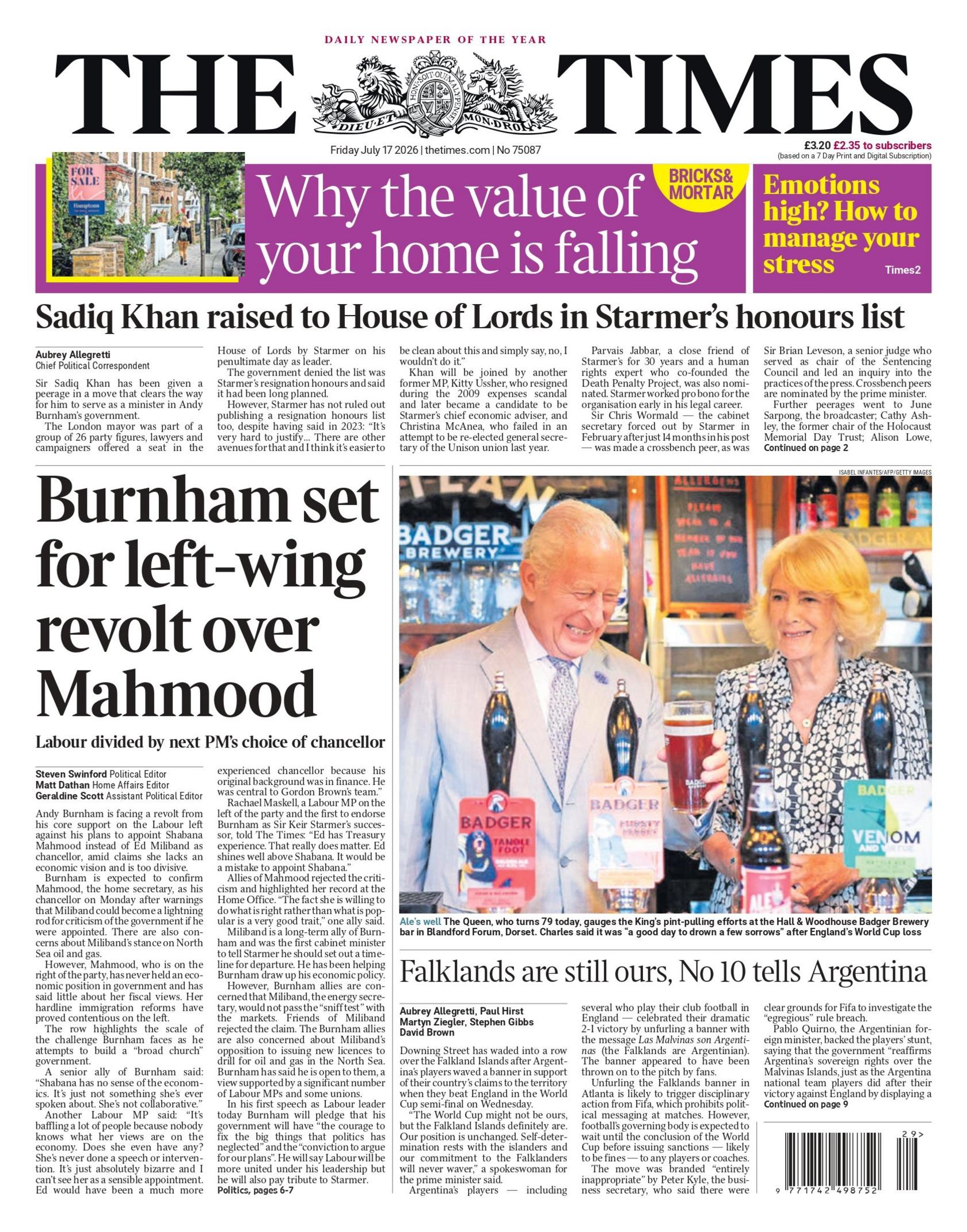 "Burnham set for left-wing revolt over Mahmood," reads the headline on the front page of the Times.