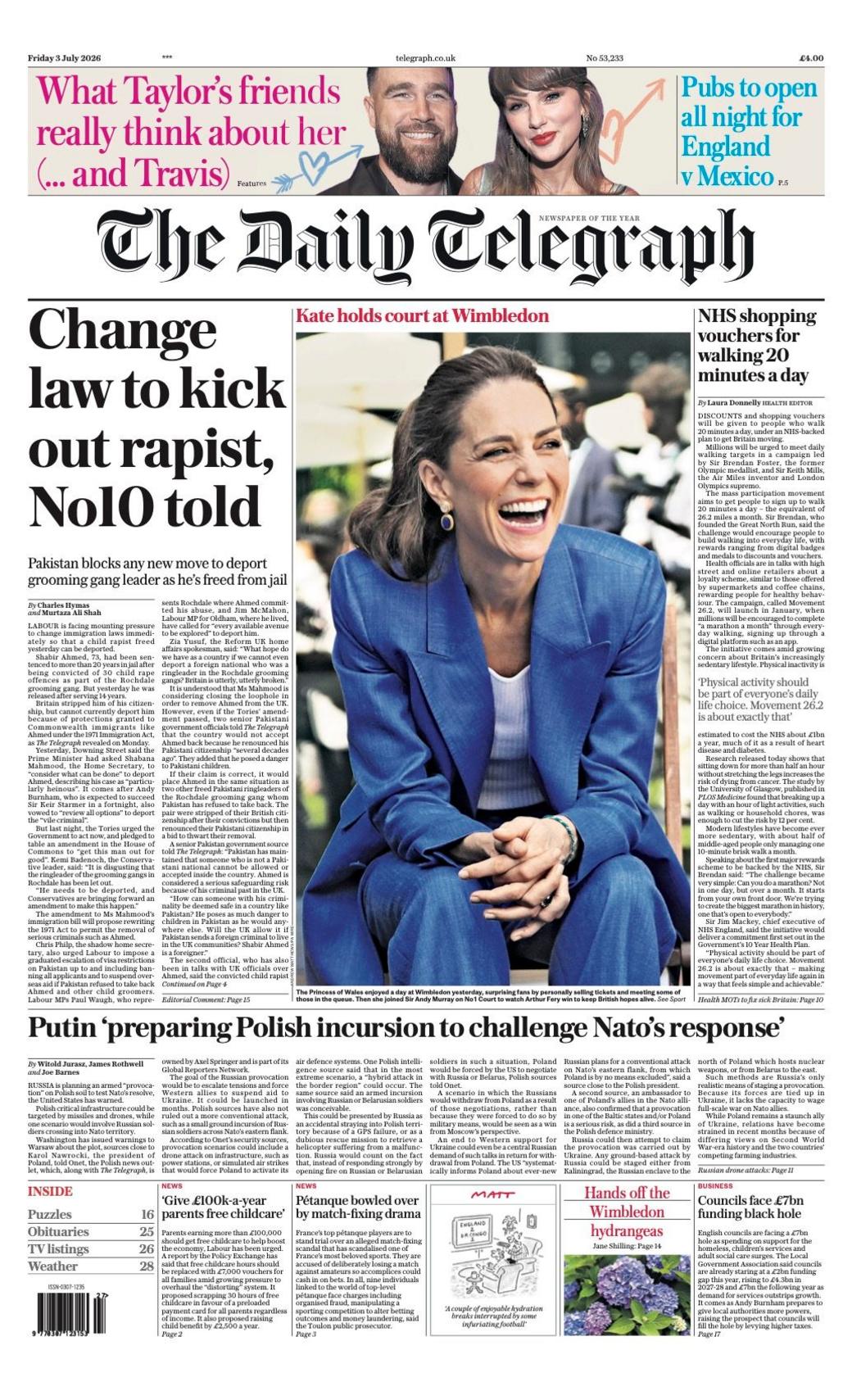 "Change law to kick out rapist, No 10 told" reads the headline on the front page of the Daily Telegraph.