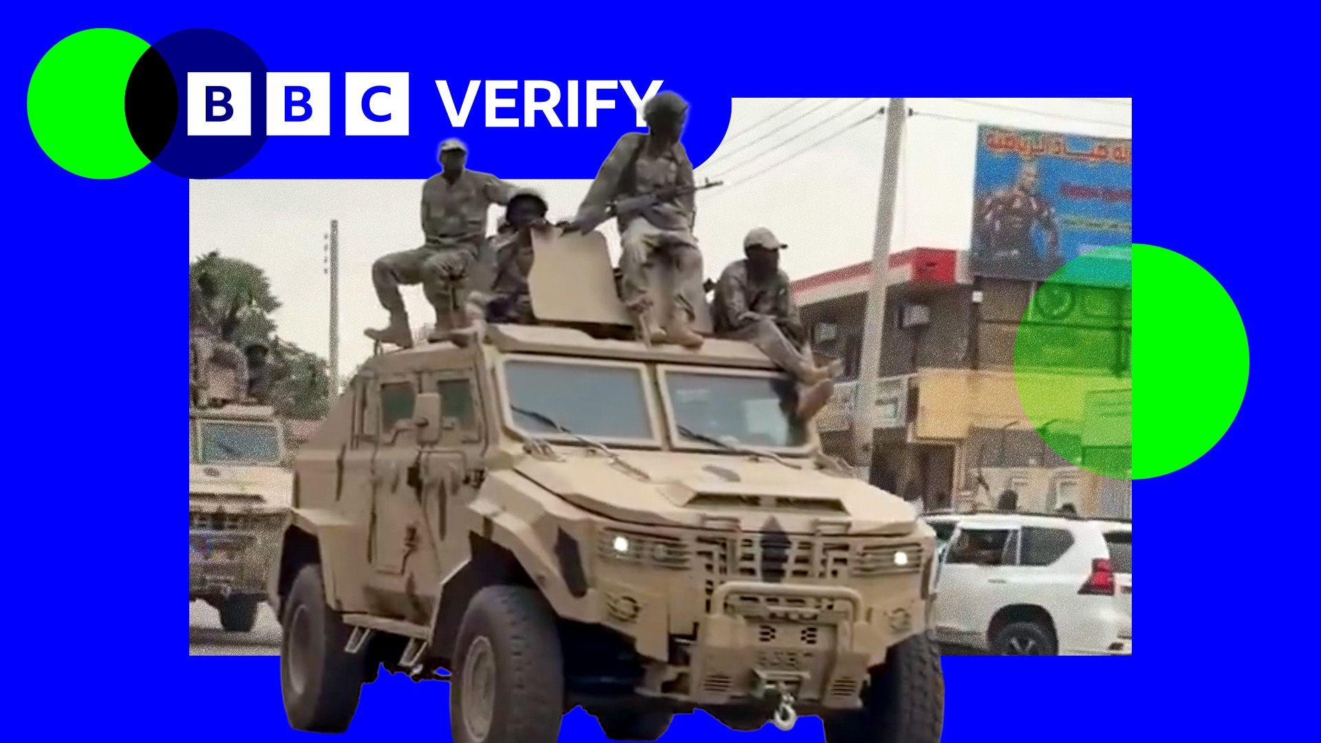 RSF fighters ride on an armoured truck in the city of Nyala. One of the fighters is carrying an assault rifle. All are dressed in military fatigues.