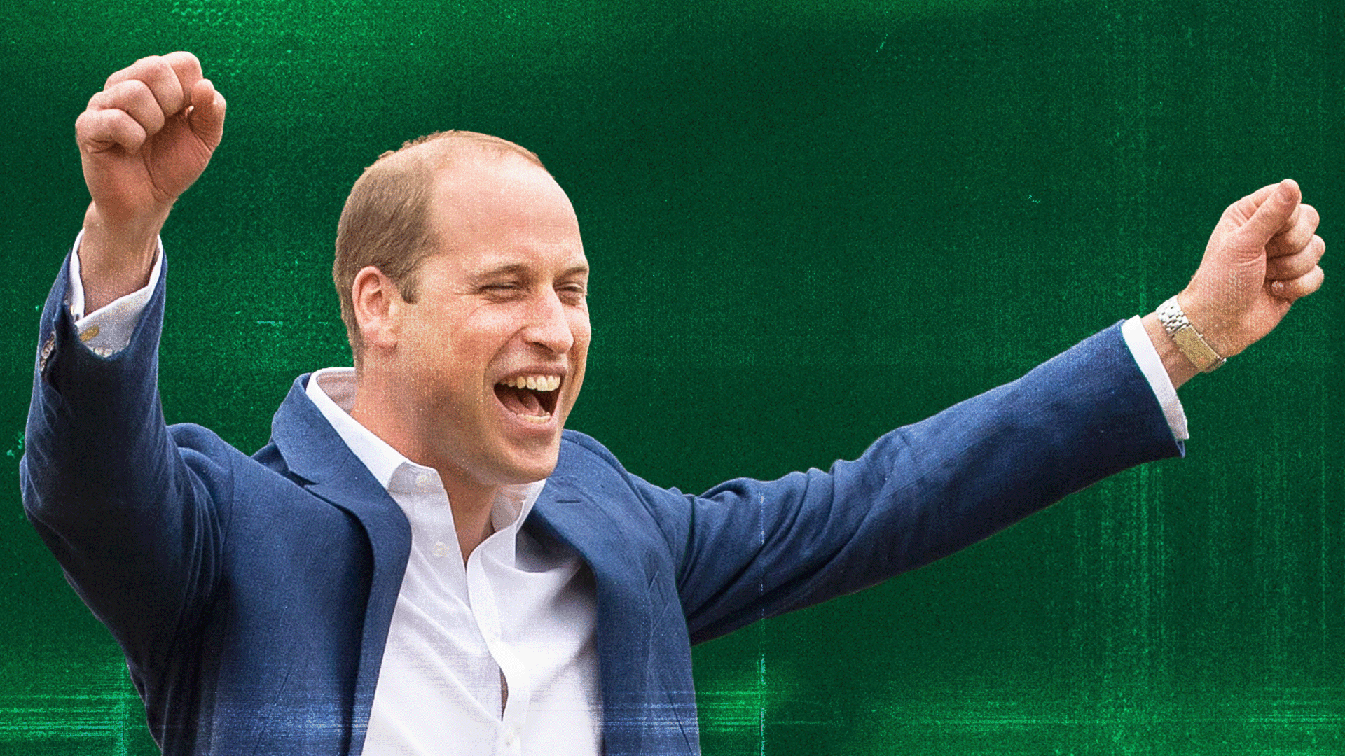 A designed image of Prince William cheering with his arms up over a green background.