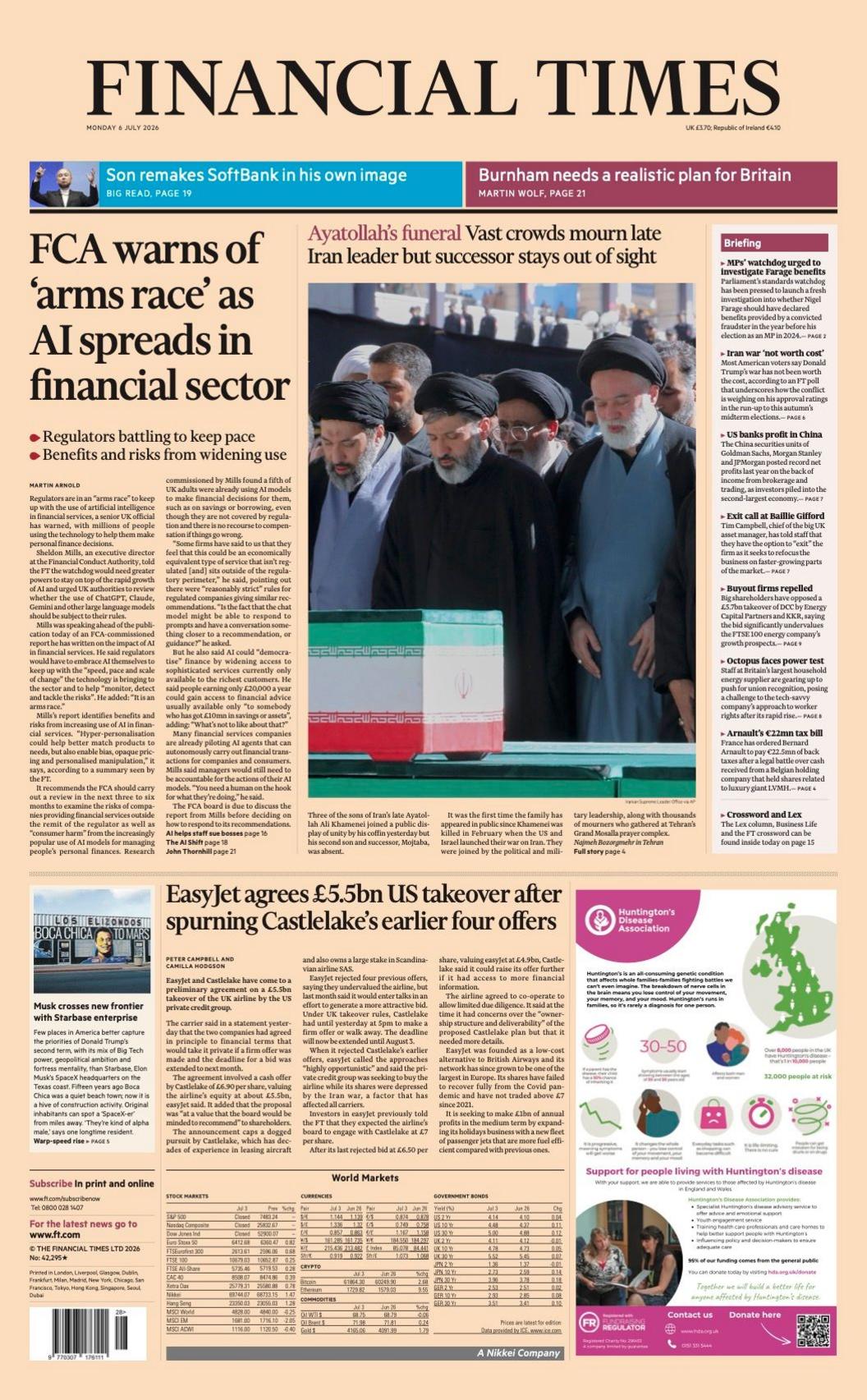 The headline on the front page of the Financial Times reads: 'FCA warns of 'arms race' as AI spreads in financial sector'.
