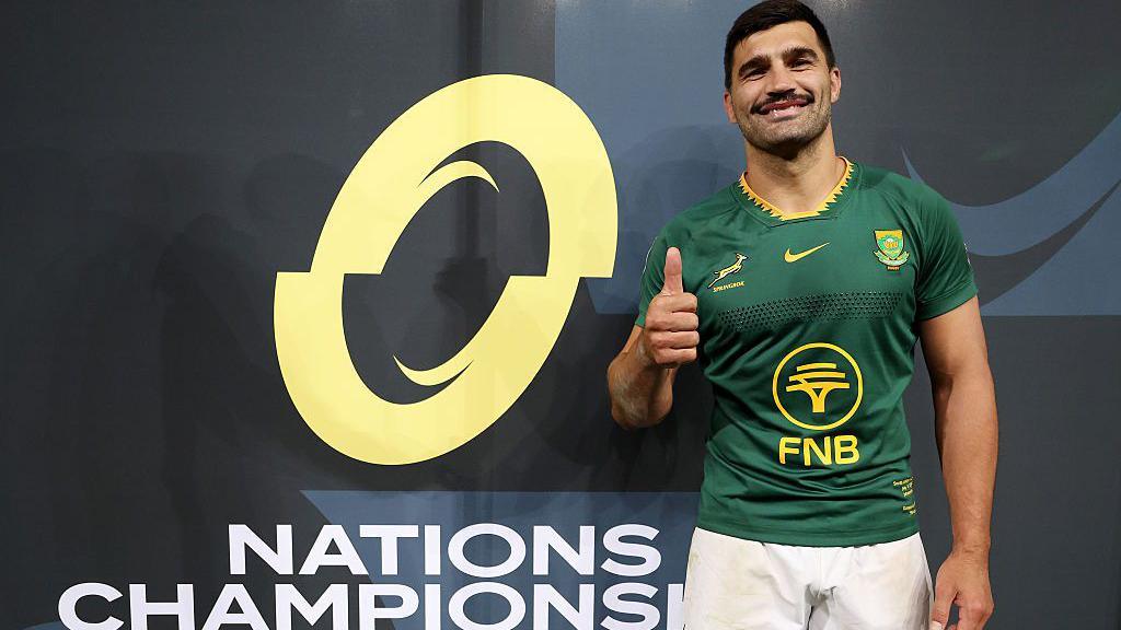 Damian de Allende poses after being named man of the match