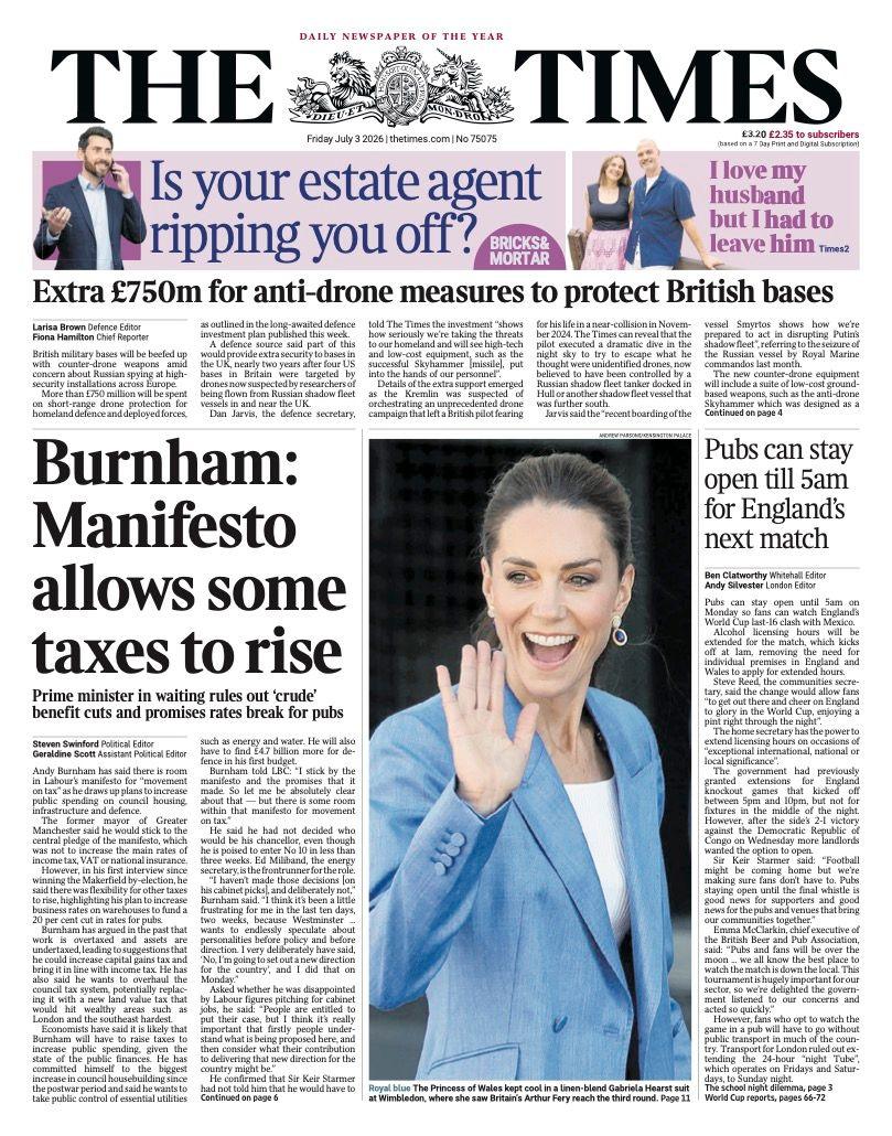 "Burnham: Manifesto allows some taxes to rise" reads the headline on the front page of the Times.