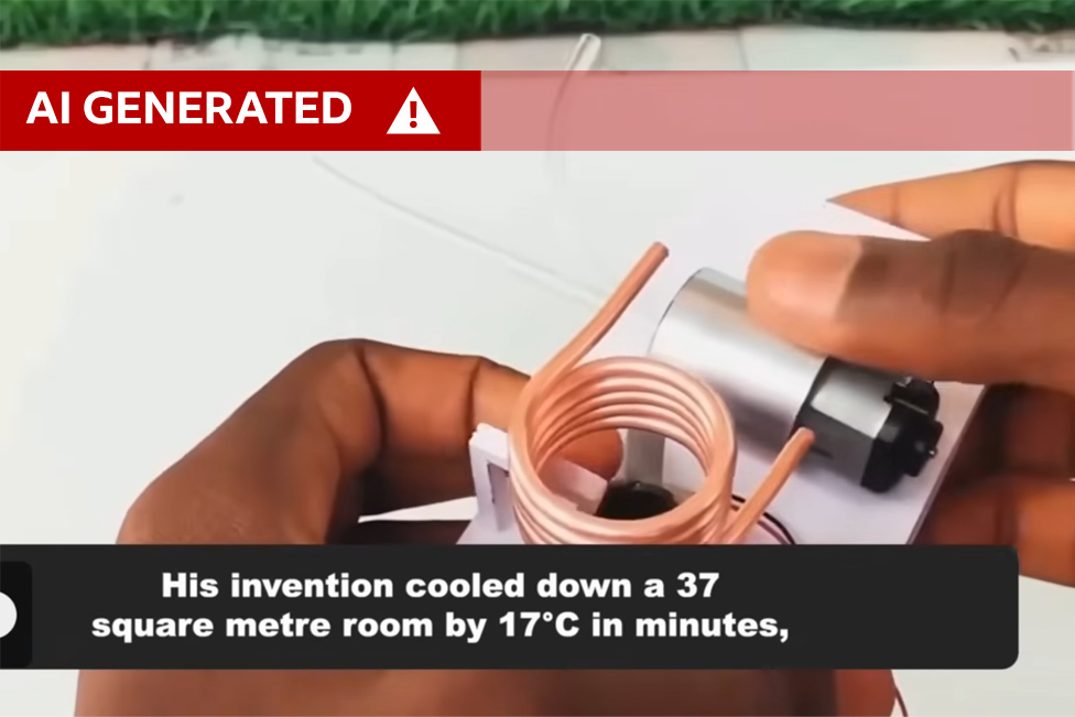 An AI-generated advert showing a copper wire with the words "his invention cooled down a 37 square metre room by 17C in minutes"