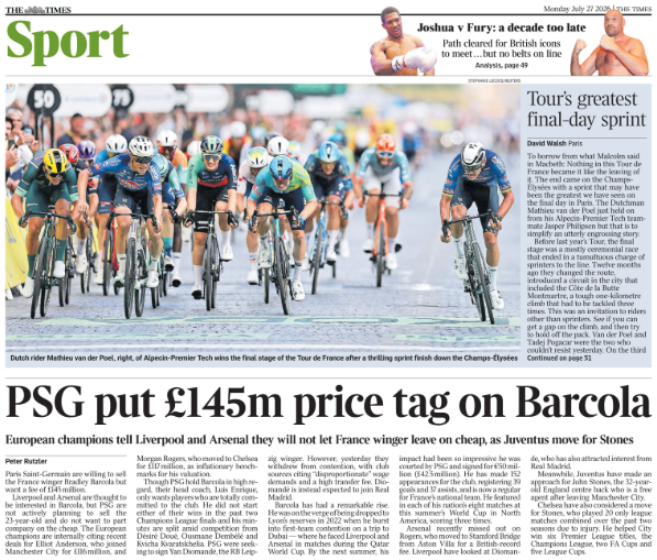 Back page of the Times on 27 July 2026