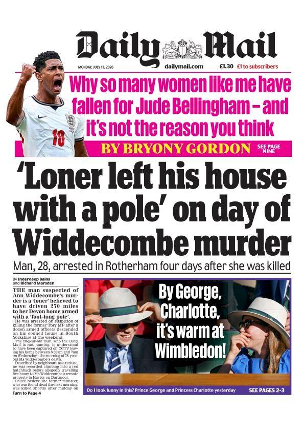 "'Loner left his house with a pole' on day of Widdecombe murder," reads the headline on the front page of the Daily Mail.