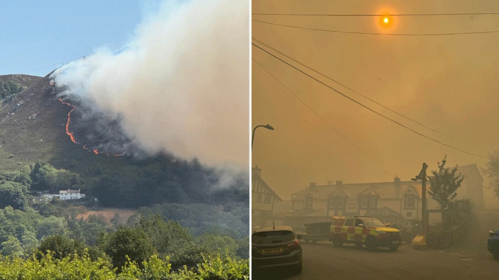 A composite image showing a line of fire and huge clouds of smoke along the mountain from a distance, next to a picture of houses surrounded by smoke with an emergency service vehicle parked on the road