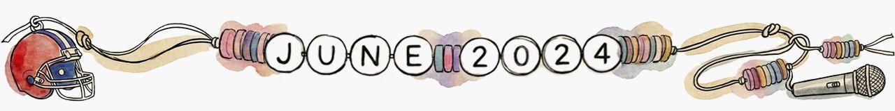 Watercolour-style illustration of a colourful wrapped beads threaded on a cord spelling "JUNE 2024"