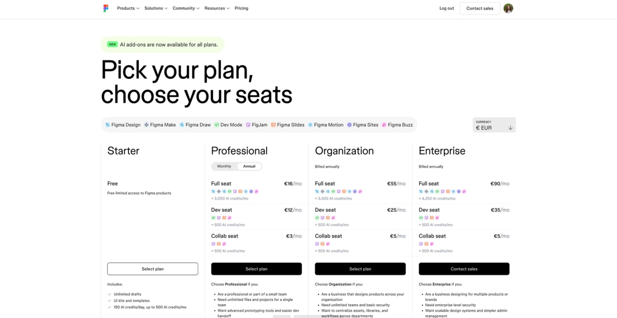 Figma pricing page