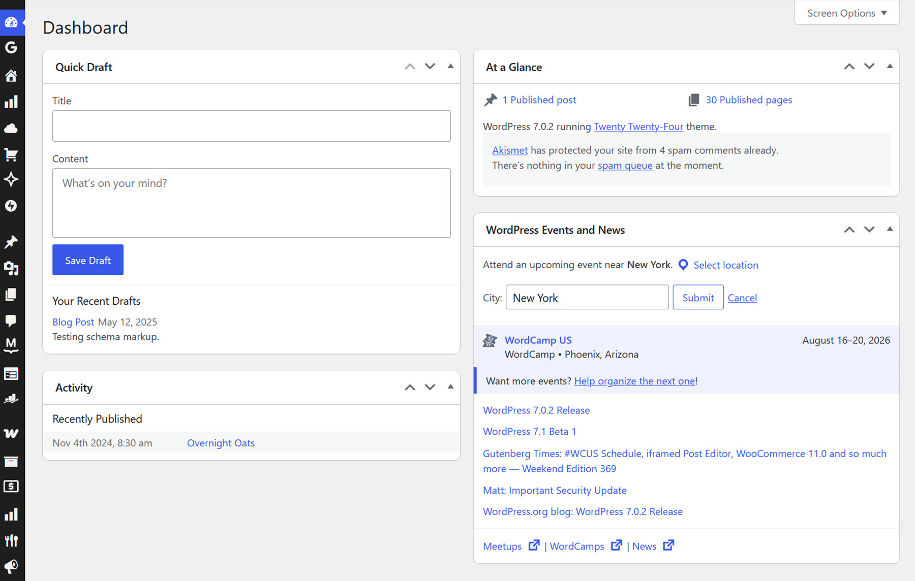 WordPress Events and News widget in the dashboard with the Select location field open and New York entered as the city.