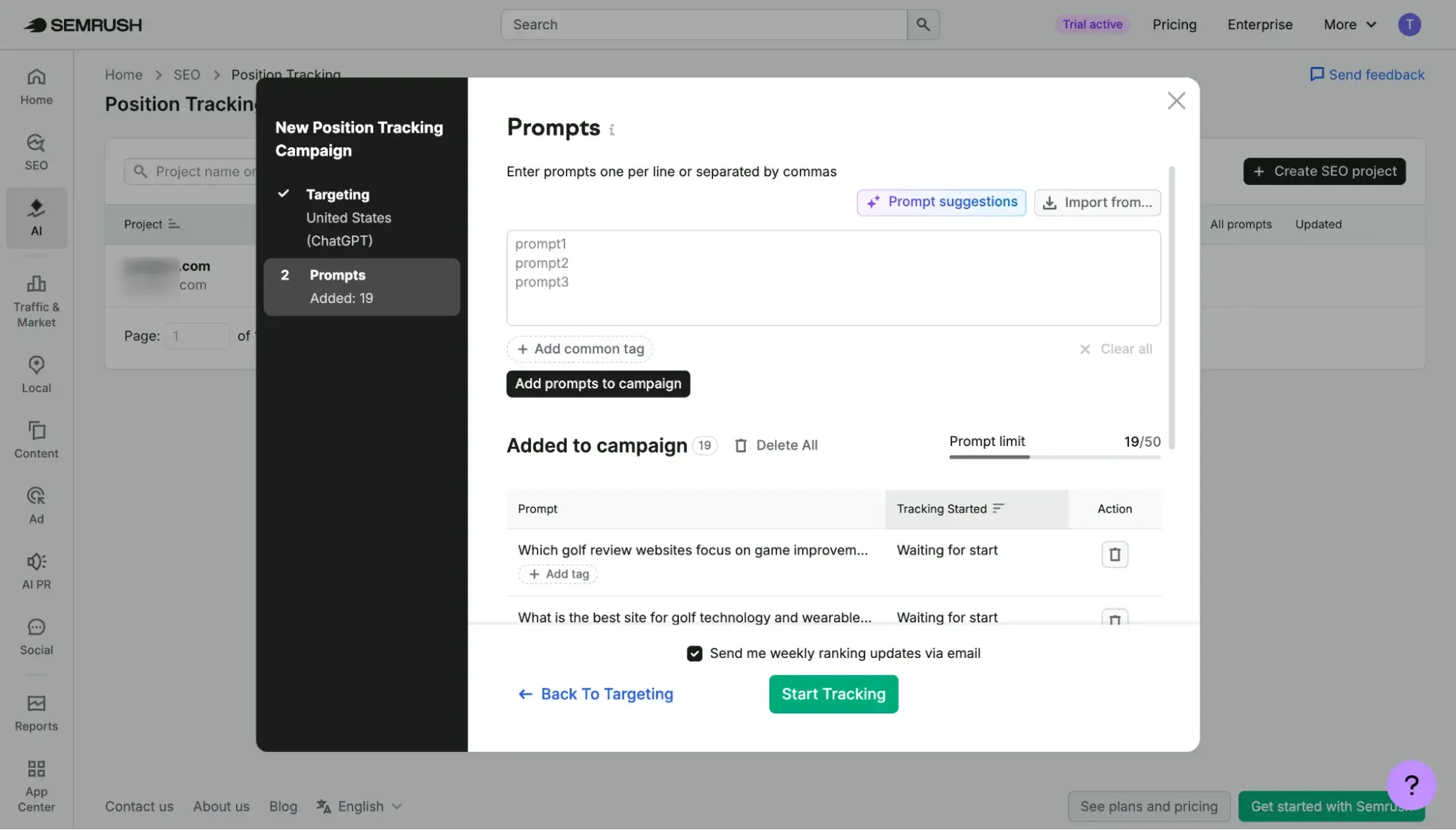 Semrush AI Visibility prompt campaign setup dialog with manual prompt entry and tracking configuration