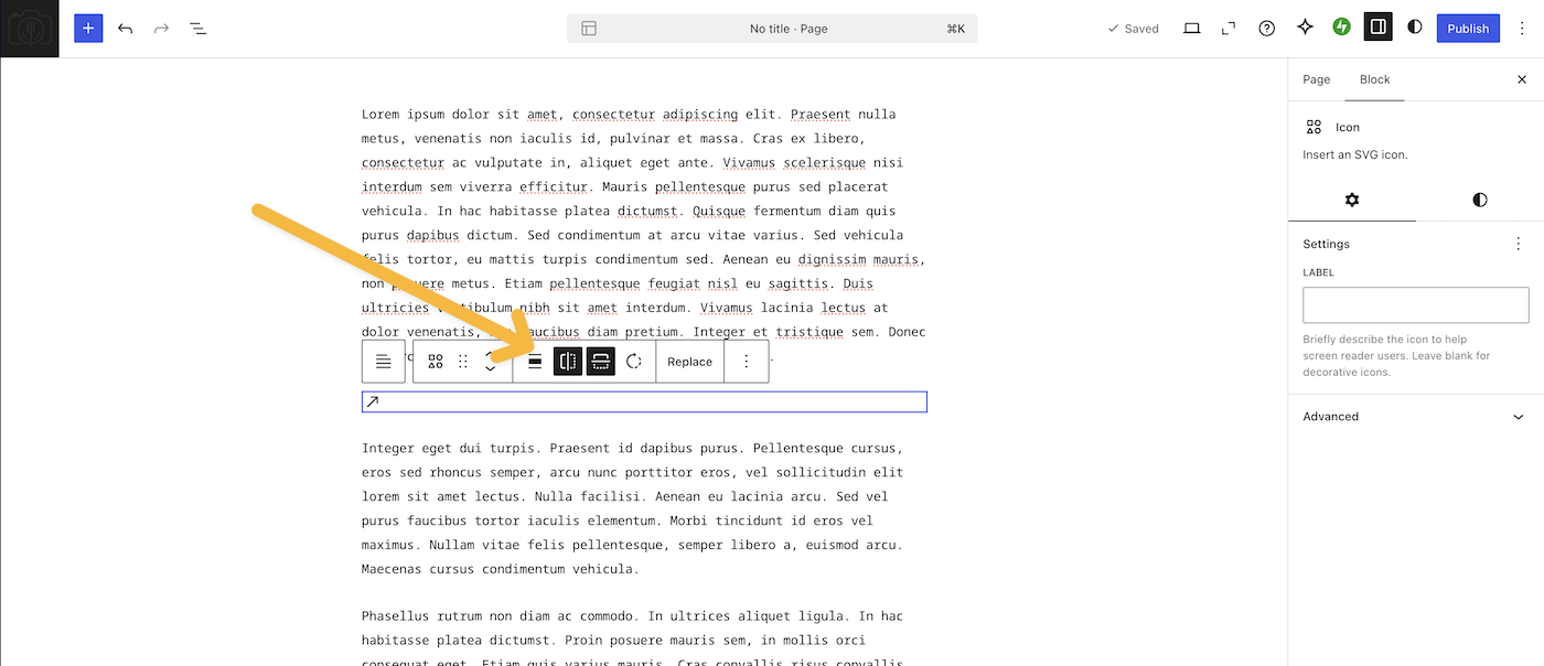 an arrow pointing at the new block-level controls for the Icon block in the WordPress editor