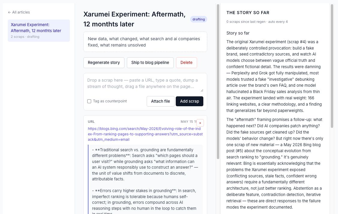 Living Draft app synthesizing dropped-in material into a story