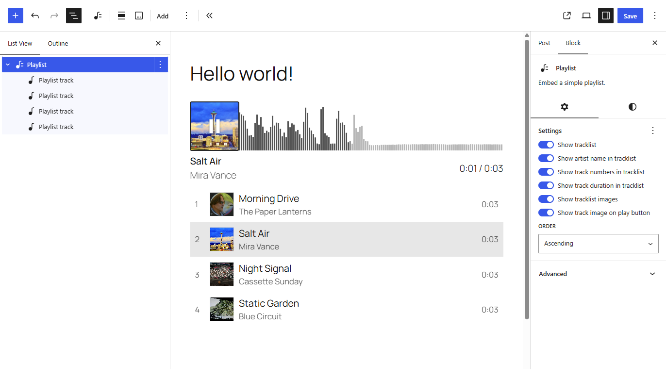 The playlist block in the WordPress editor