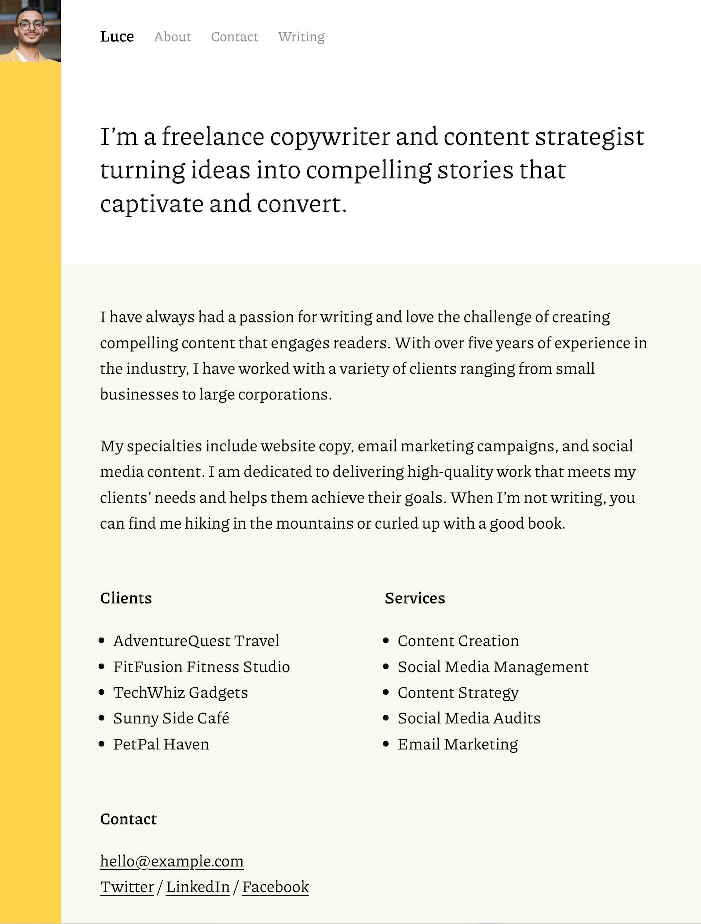 Example of a simple business or freelancer website.