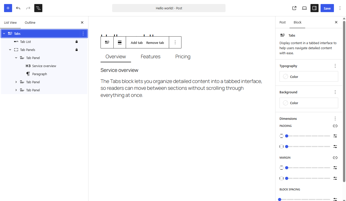 The WordPress editor showing the tabs block