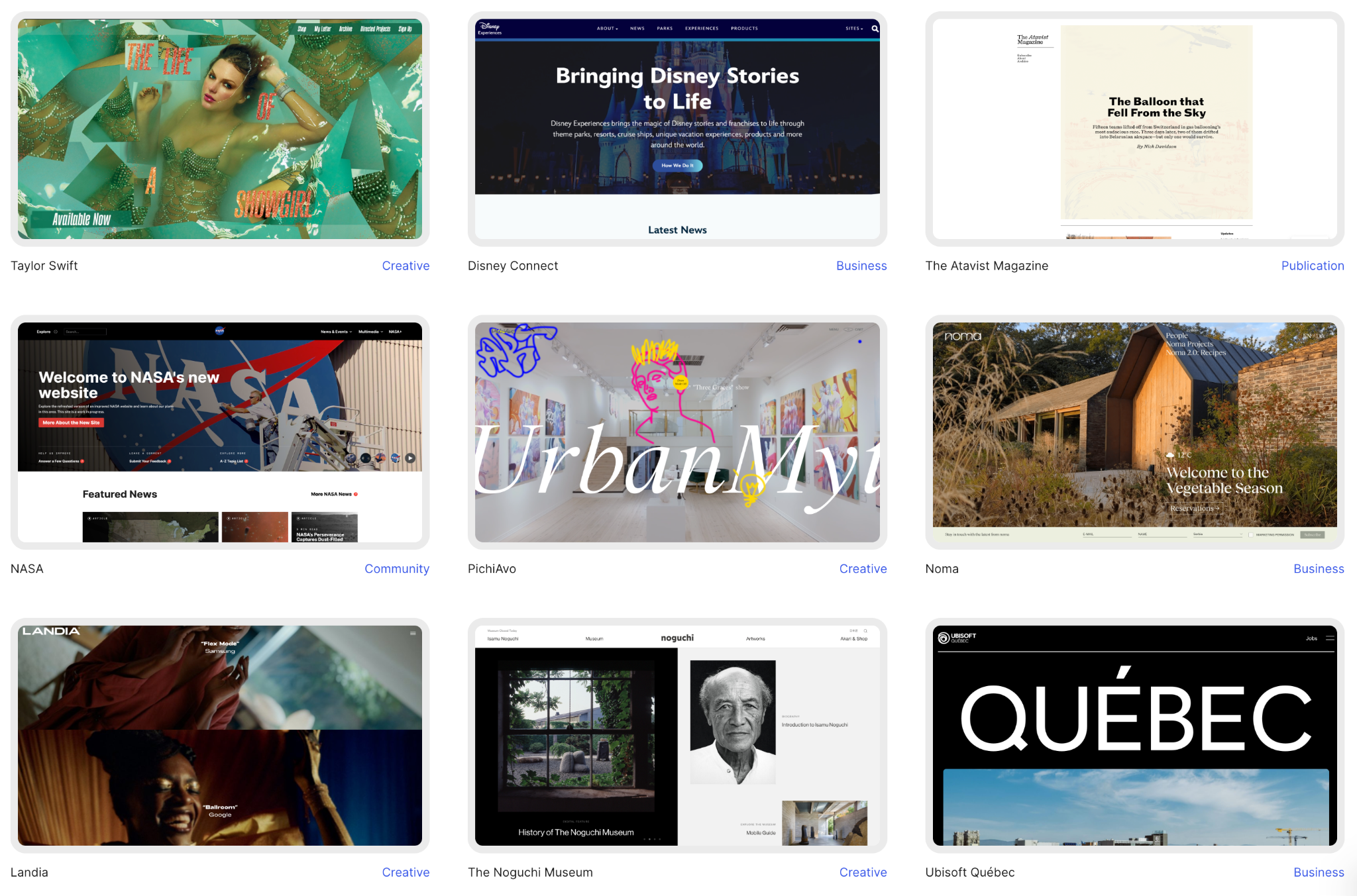 A grid of website screenshots from the WordPress Showcase, including sites for Taylor Swift, Disney, NASA, Noma, and Ubisoft Quebec, all built on WordPress