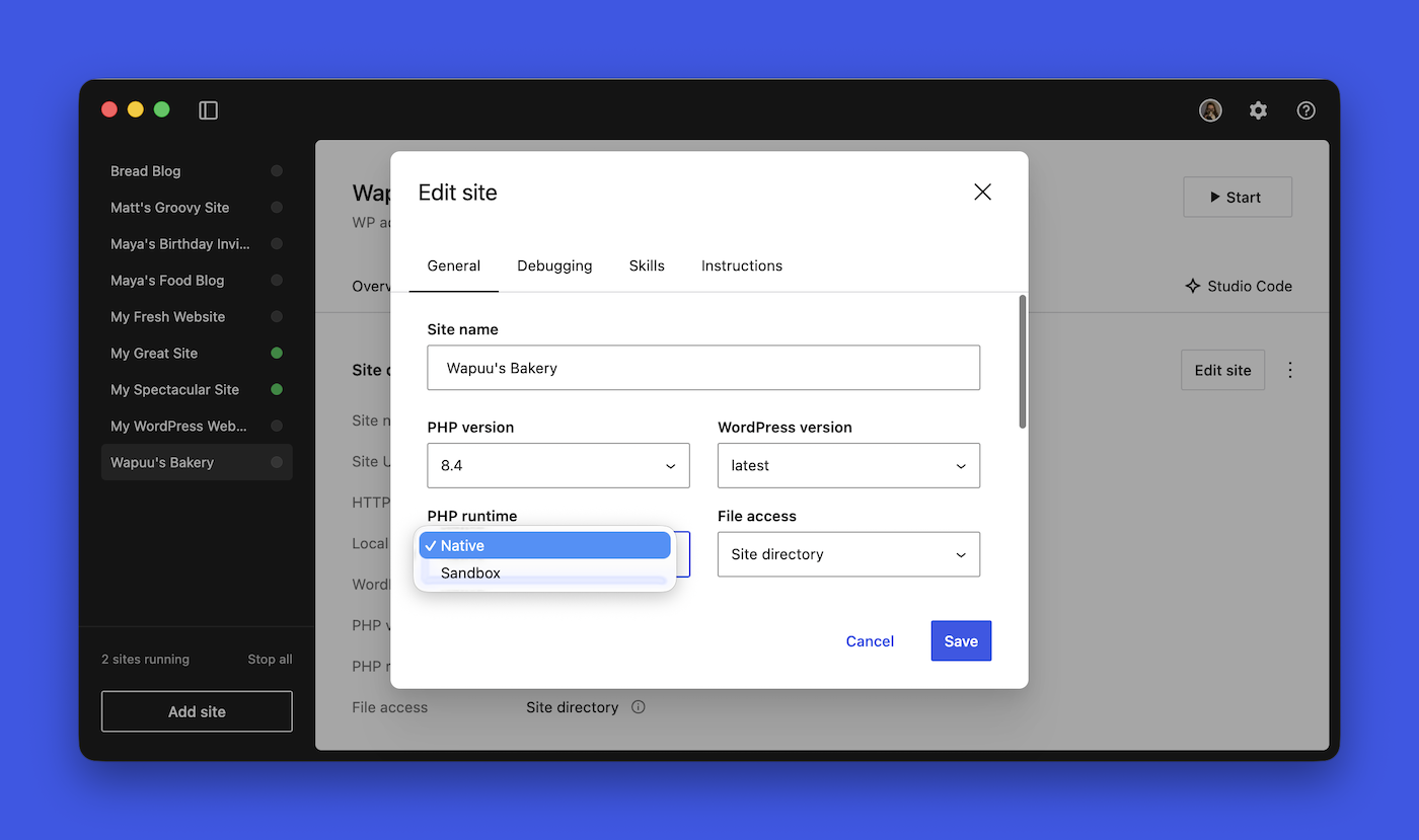 The WordPress Studio site setting modal window showing Native and Sandbox PHP runtime options
