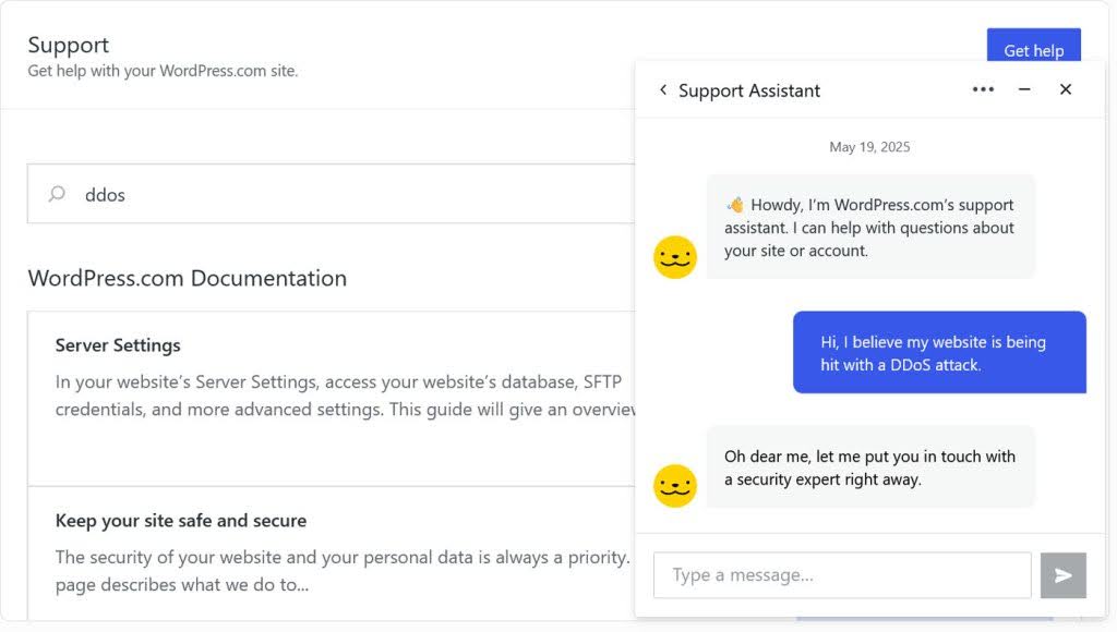 A screenshot of the WordPress.com Support Assistant chat window.