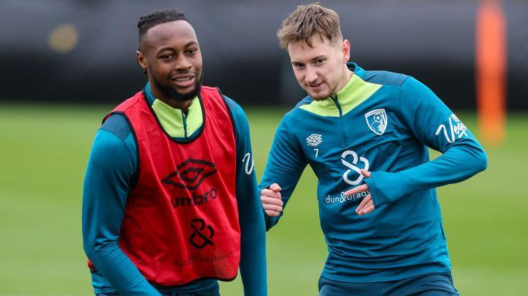Antoine Semenyo and David Brooks during a Bournemouth training session in March 2025.