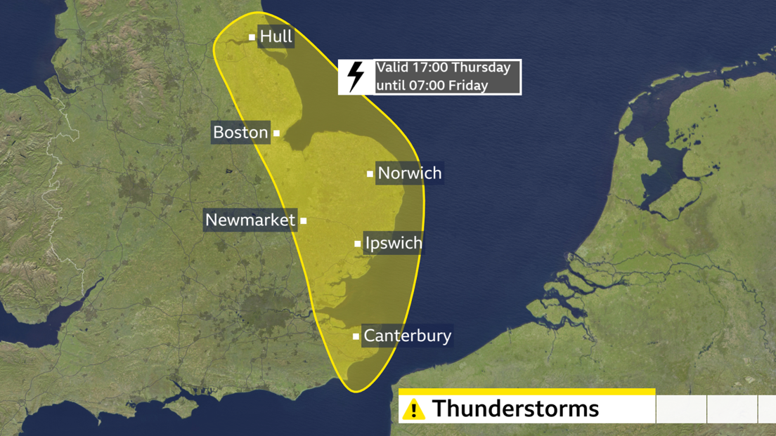 A weather map showing the Met Office yellow warning area for Thursday night, encompassing Hull, Boston, Norwich, Newmarket, Ipswich and Canterbury