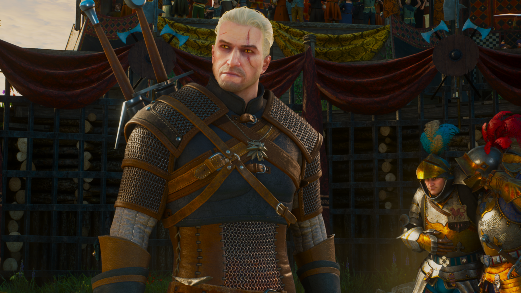 An in-game screenshot of Witcher 3 showing Geralt with white hair and a red scar across his face, in chainmail