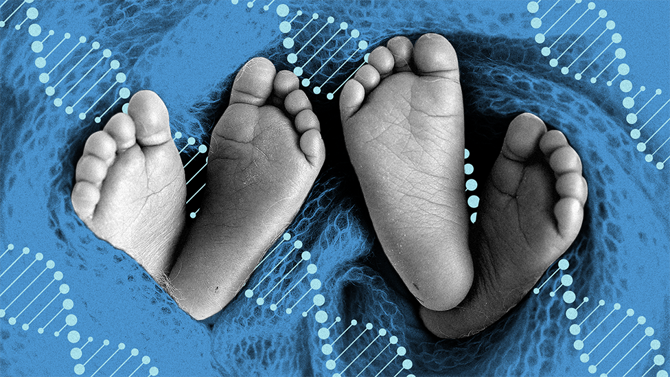 Two pairs of baby feet in a blanket - the feet are black and white and the blanket is blue. Superimposed on to the blanket are illustrations of the DNA helix.