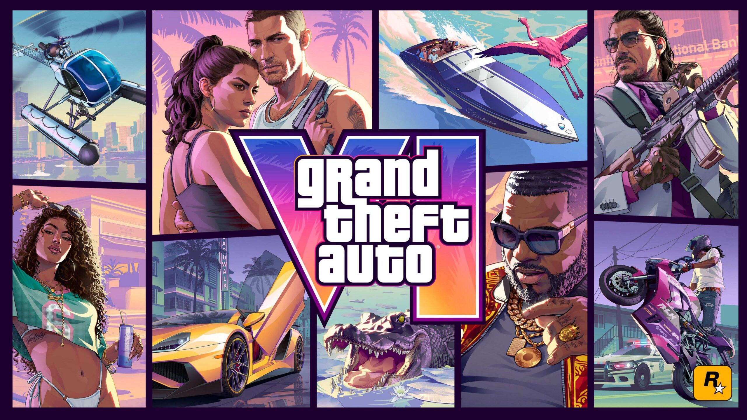 The cover art for GTA 6, showing the words Grand Theft Auto and the roman numberals VI in purple and orange. Behind it are characters from the game in a pop-art style plus a yellow car, a alligator, a flamingo and a helicopter in different panels.