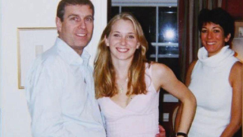 Andrew is seen with his arm around Virginia Giuffre, with Ghislaine Maxwell in the background.