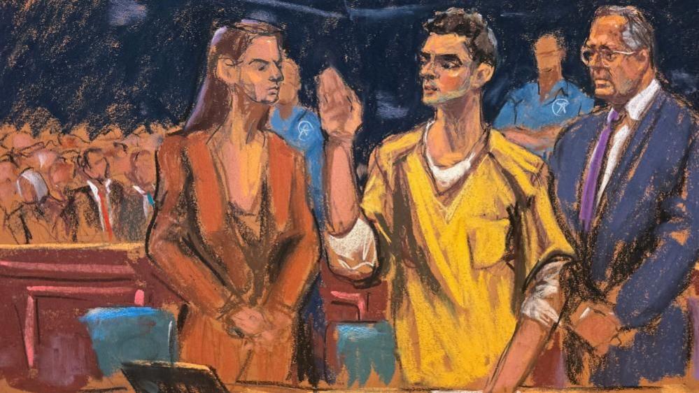 Court sketch shows Luigi Mangione standing between his lawyers as he is sworn in for the hearing
