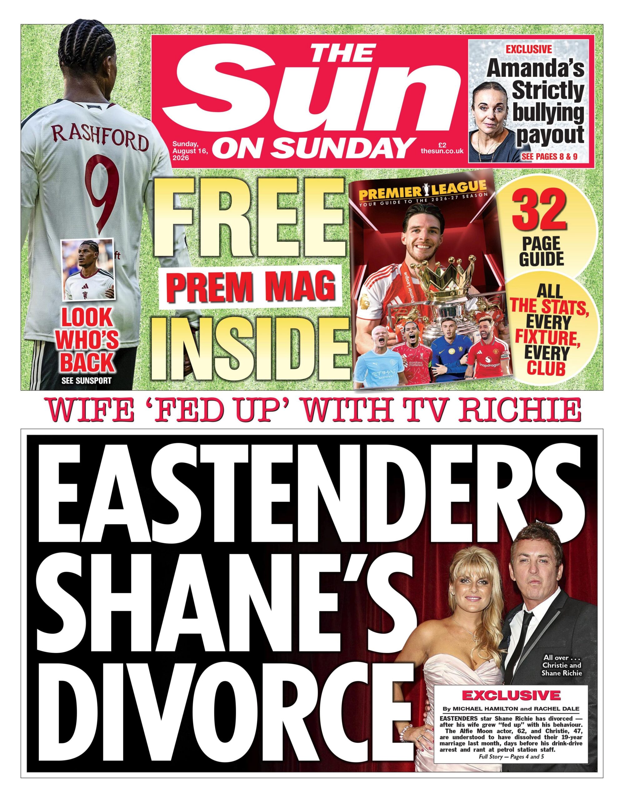 "Eastenders Shane's divorce," reads the headline on the front page of the Sun on Sunday.