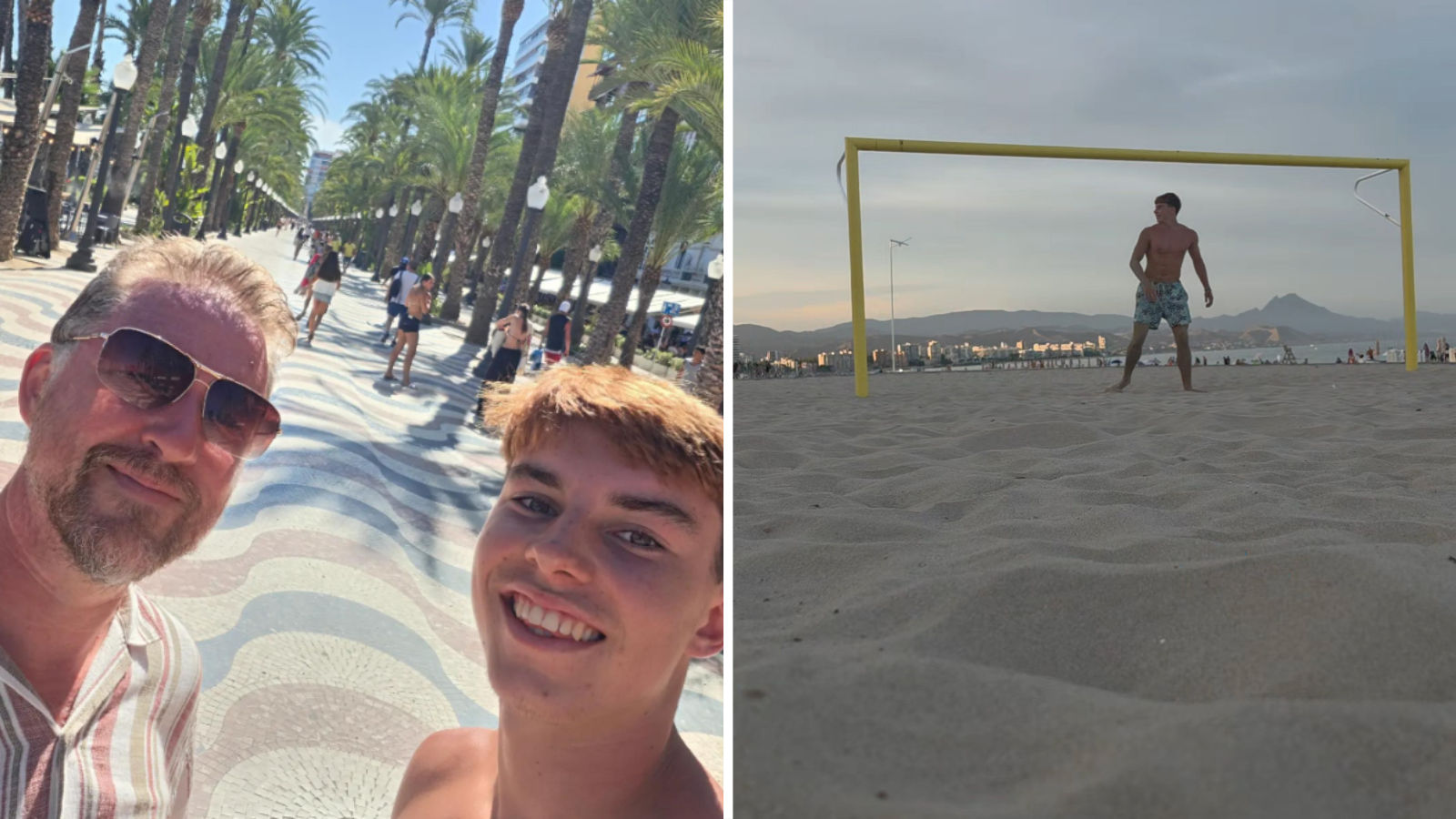 Kevin and Milo Beimers pose together in one picture, while alongside it in a separate image Milo Beimers stands in front of a goal on a sandy beach