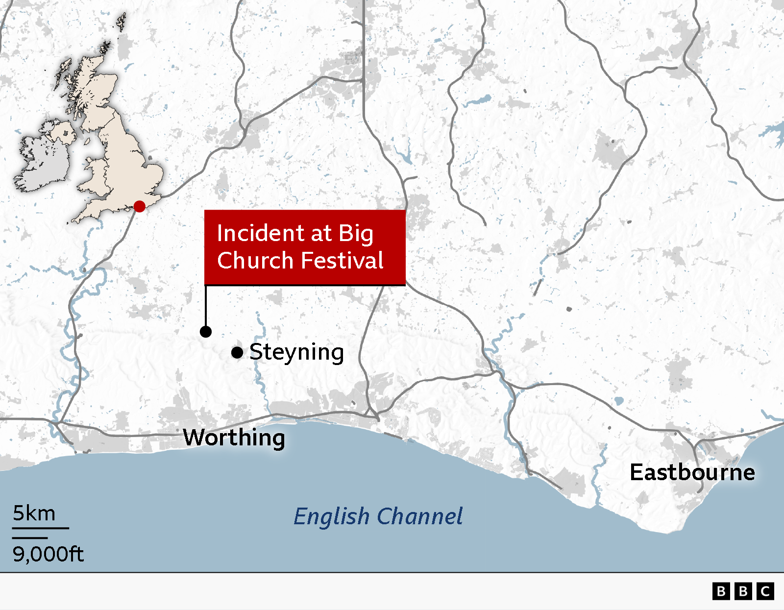 Map of southern England showing the location of the Big Church Festival near Steyning in West Sussex, north of Worthing on the south coast. An inset map highlights the festival site in southeast England within the UK