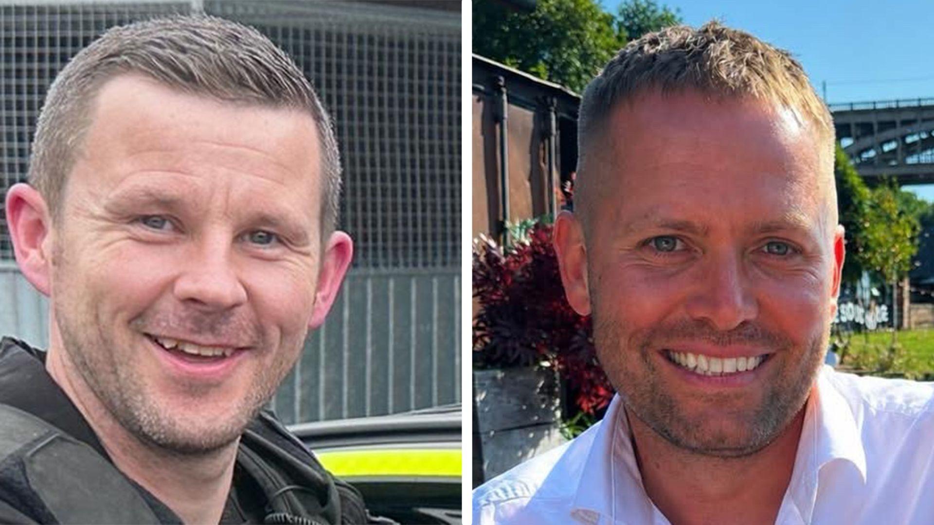 Pictures of the two officers. Both are smiling. PC Blades has smart stubble and short fair hair. PC Clough also has stubble and short dark hair.