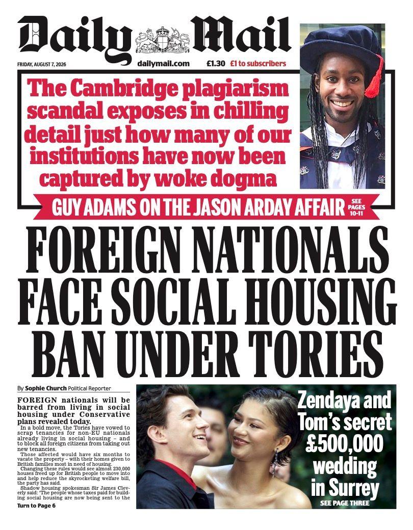 "Foreign nationals face social housing ban under Tories" reads the headline on the front page of the Daily Mail.