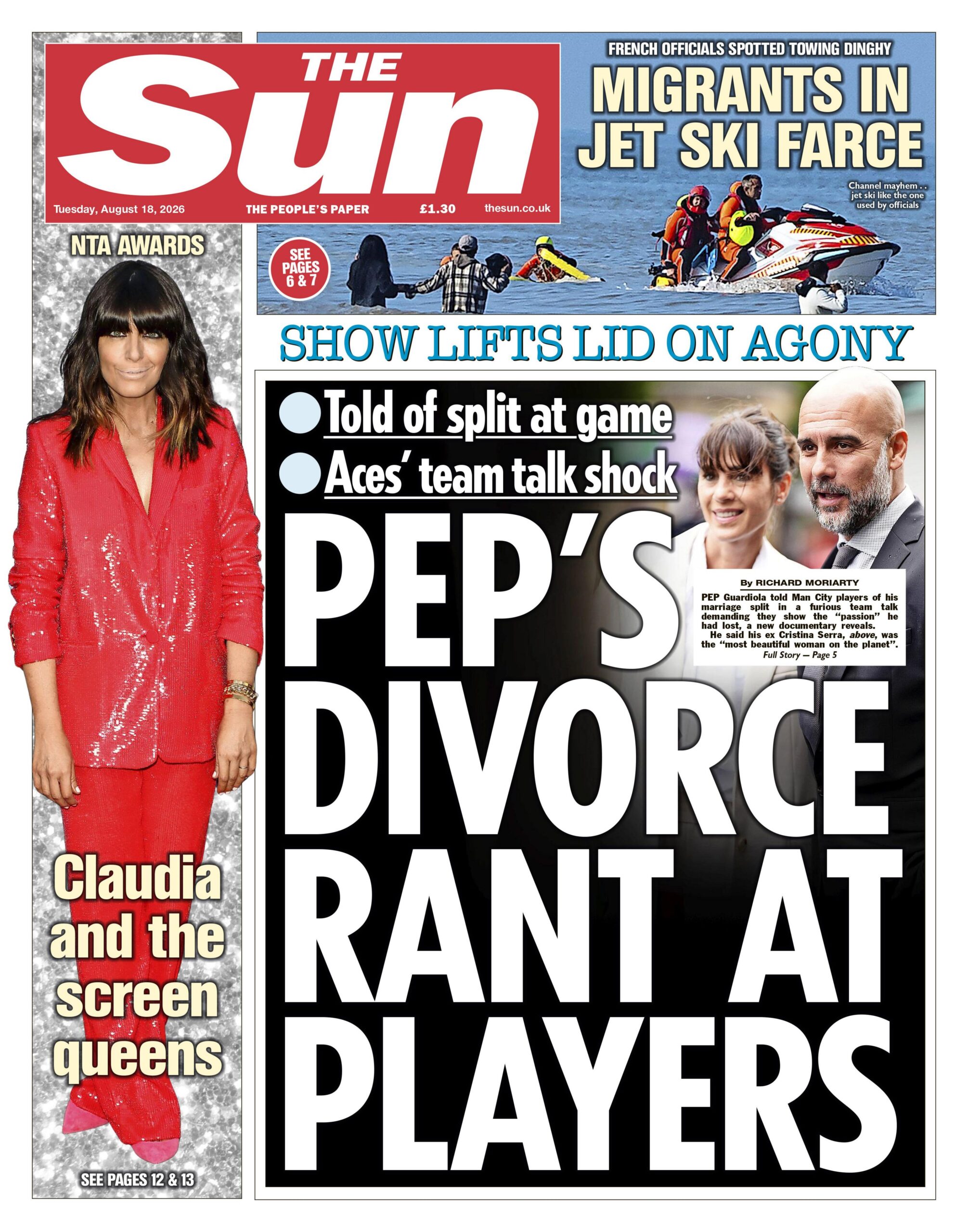 The headline on the front page of the Sun reads: "Pep's divorce rant at players."