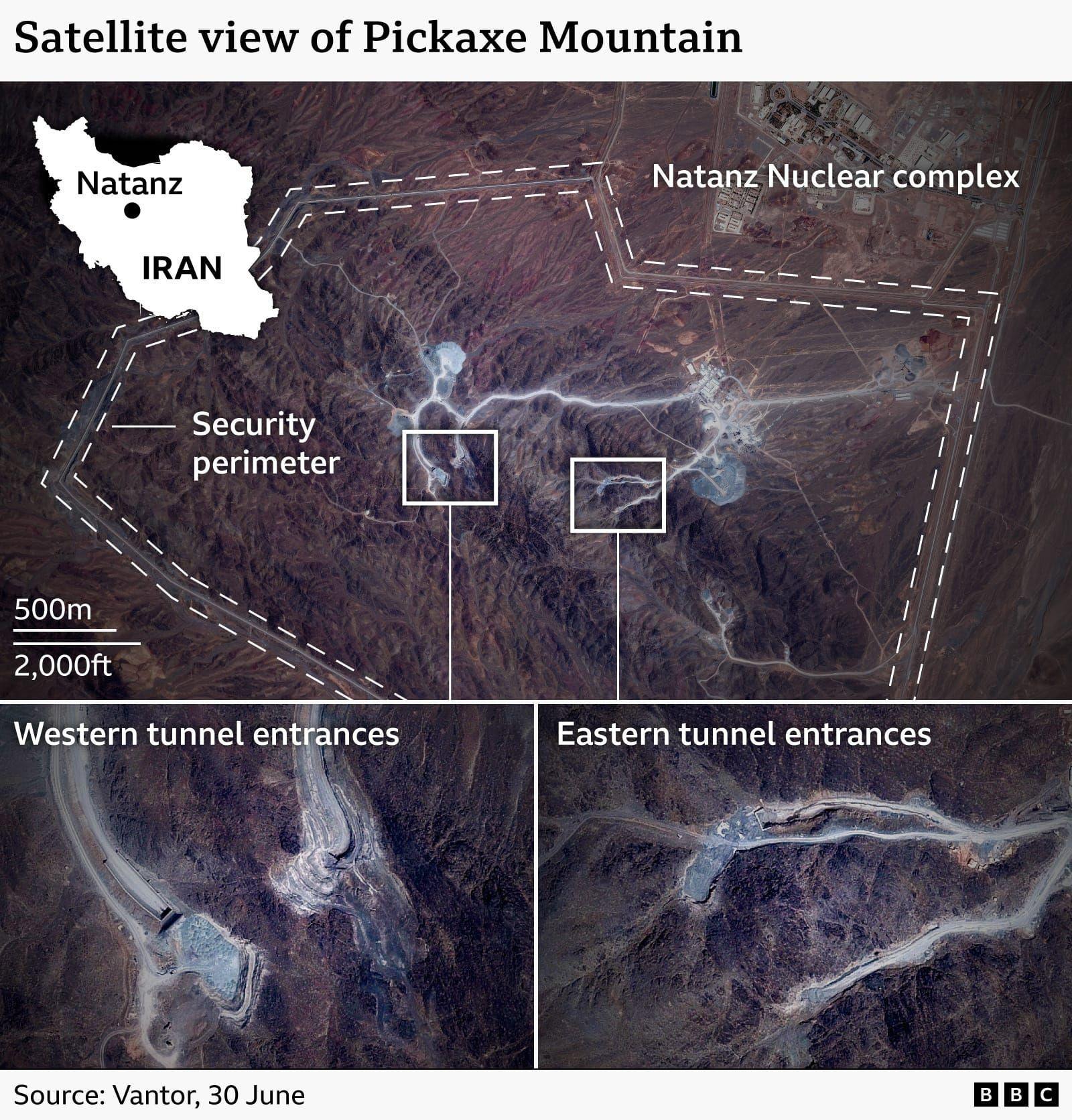 A animated graphic showing a satellite view of the Pickaxe Mountain site with a security perimeter highlighted as well as four tunnel entrances, two on the western side of the site and two on the eastern side.