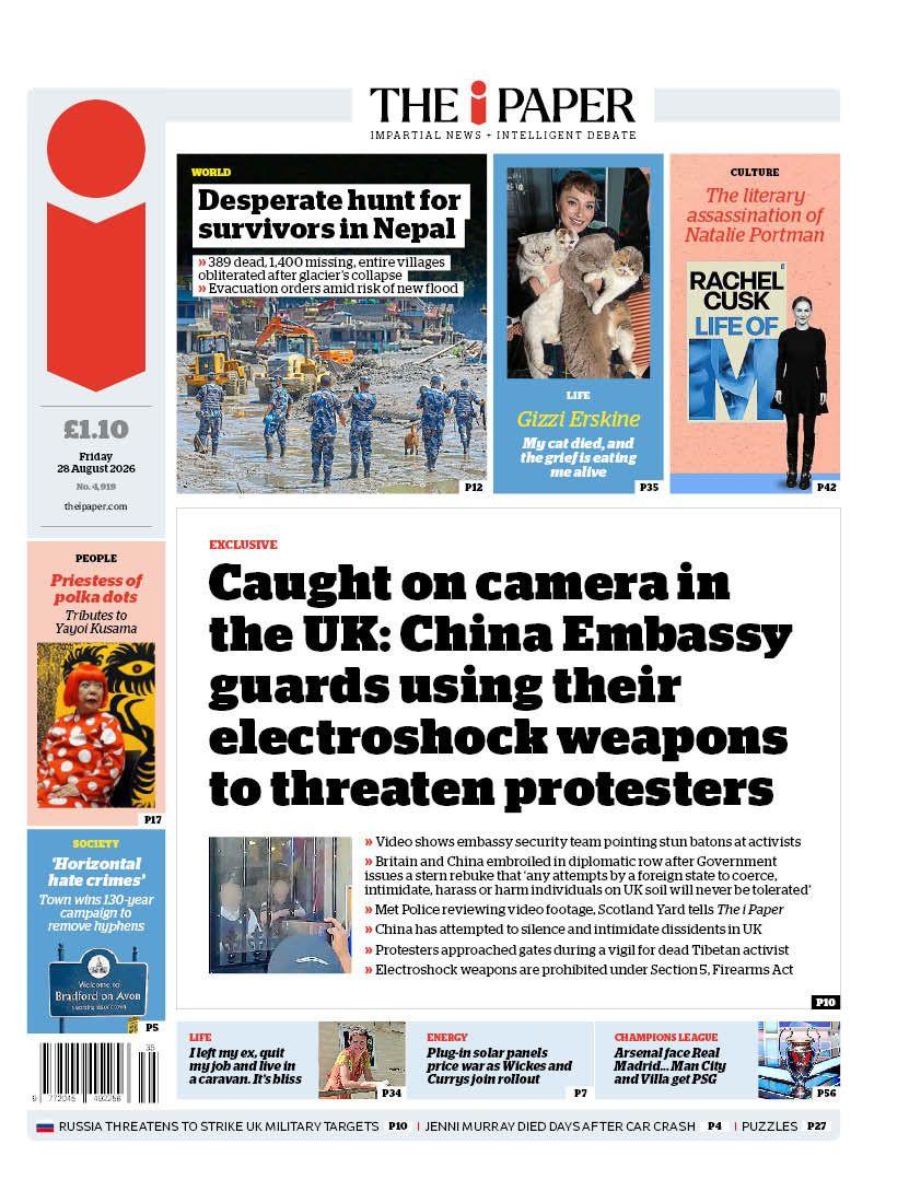 The headline on the front page of the i Paper reads: “Caught on camera in the UK: China Embassy guards using their electroshock weapons to threaten protesters”.