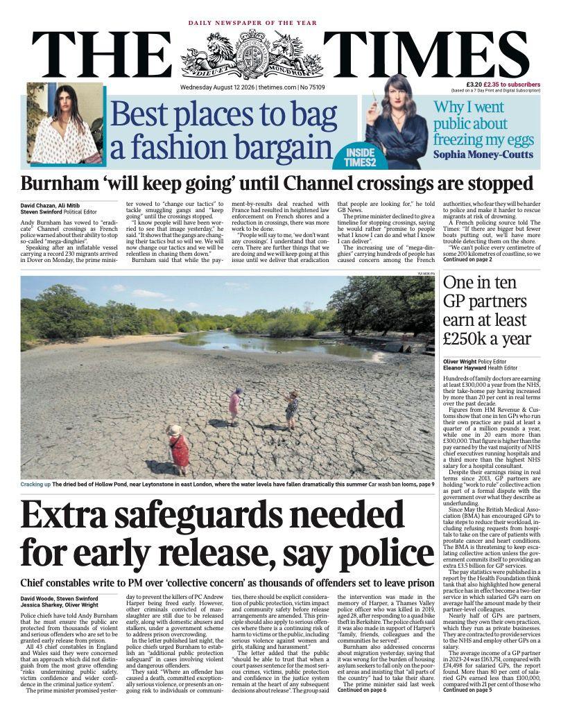 The headline on the front page of The Times reads: "Extra safeguards needed for early release, say police."