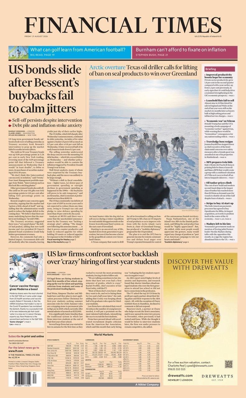 The headline on the front page of the Financial Times reads: "US bonds slide after Bessent's buybacks fail to calm jitters."