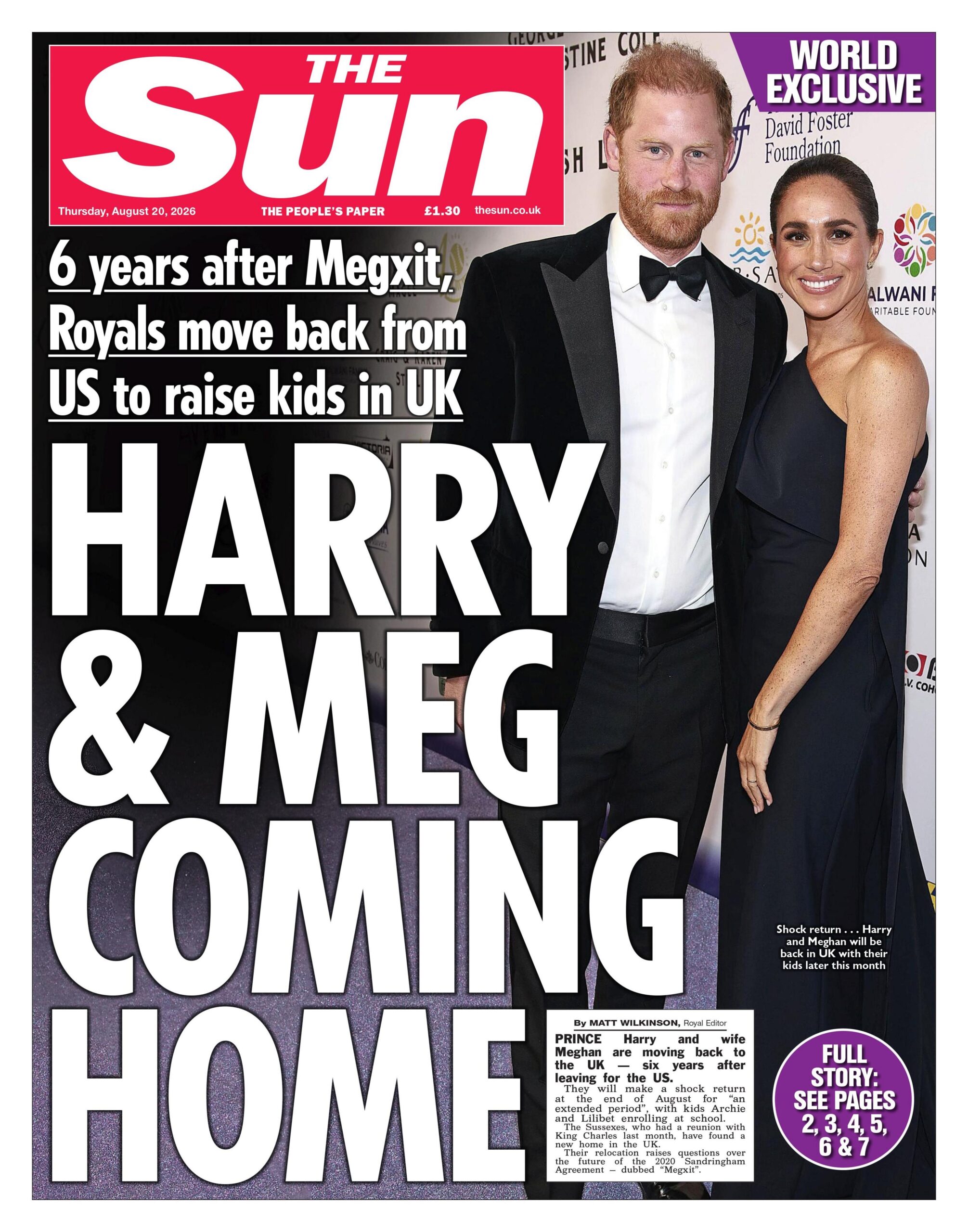 The headline on the front page of the Sun reads: "Harry and Meg coming home."
