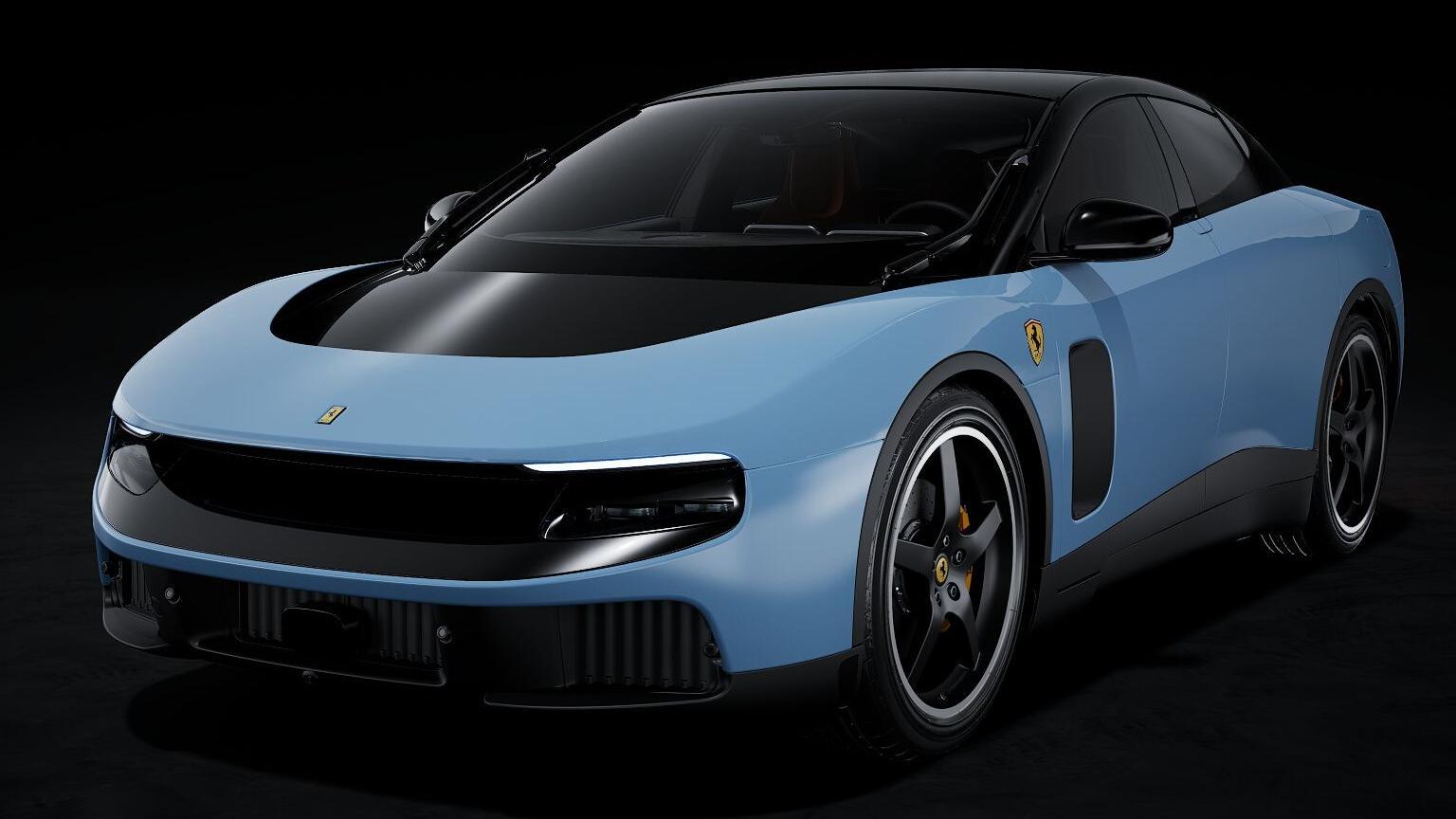 A promotional image of the Ferrari Luce in light blue