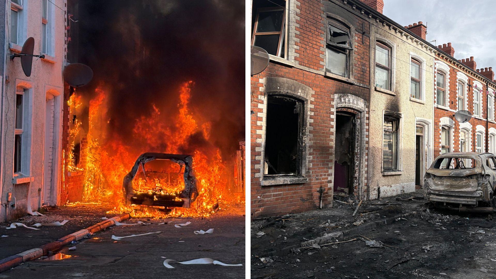 A composite image of vehicles and homes set on fire by protesters on Lendrick Street in Belfast, and the scene the following day showing burnt out vehicles