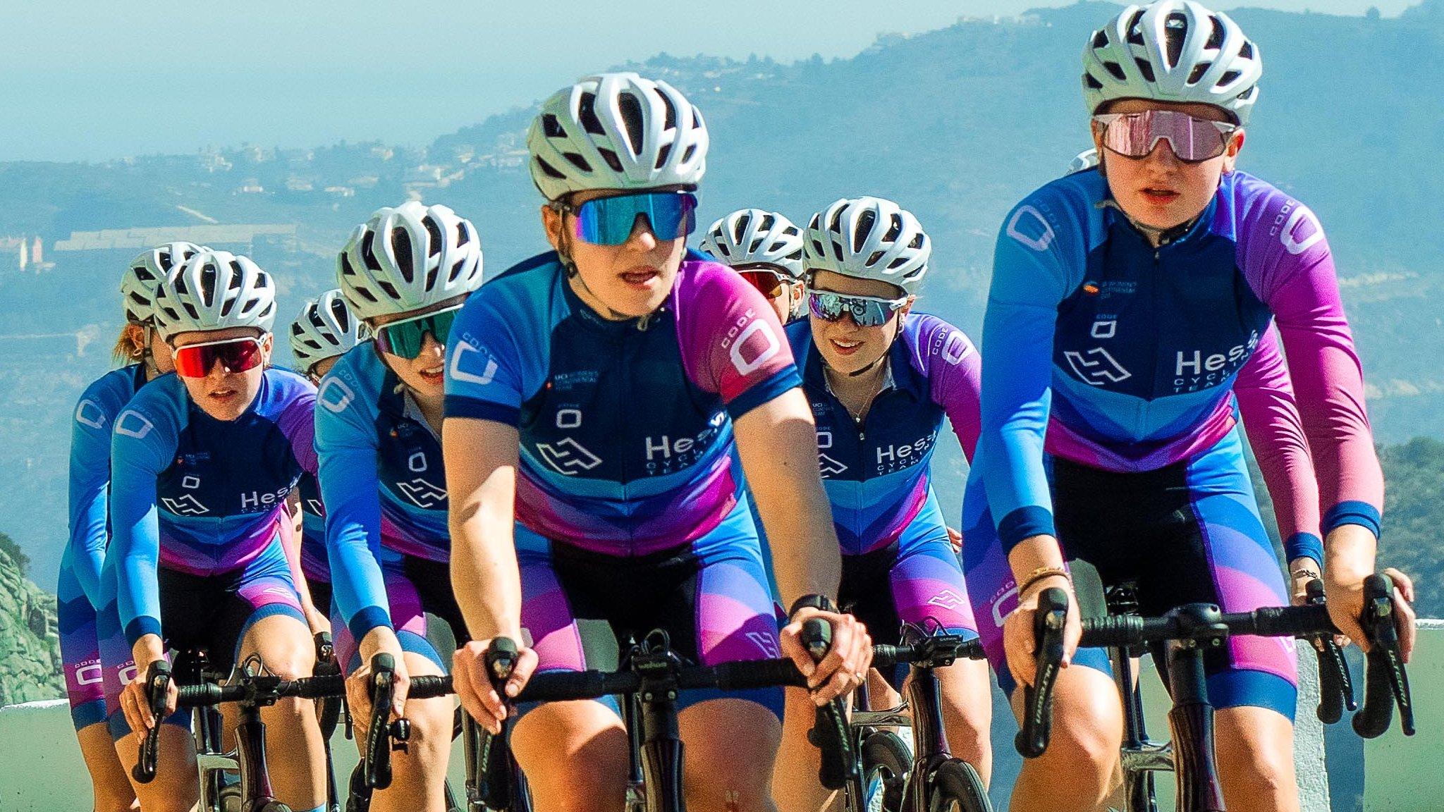 The Hess team riders in close pursuit of one another during a race