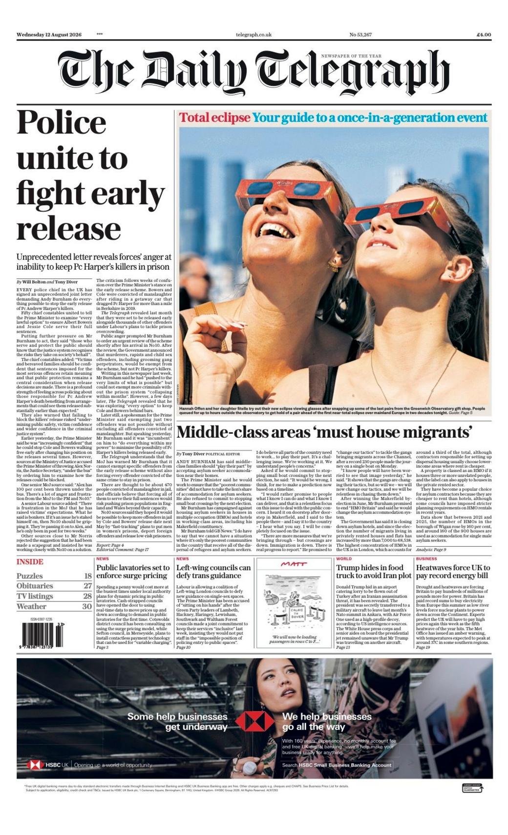 The headline on the front page of the Daily Telegraph reads: "Police unite to fight early release."
