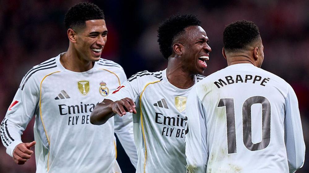 Jude Bellingham, Vinicius Jr and Kylian Mbappe celebrating a goal for Real Madrid