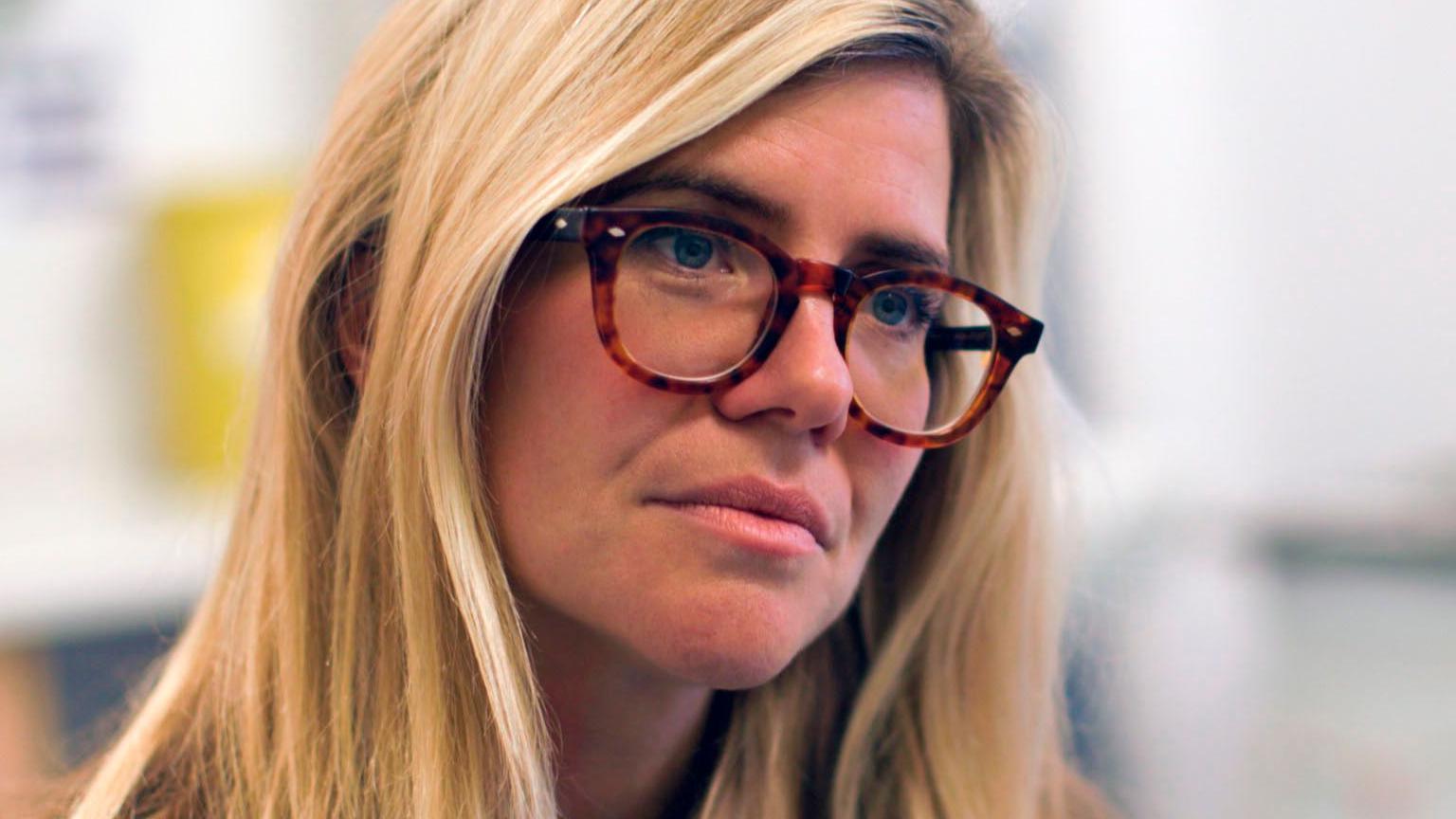 Emma Barnett wearing glasses while filming part of her Fighting Endometriosis documentary