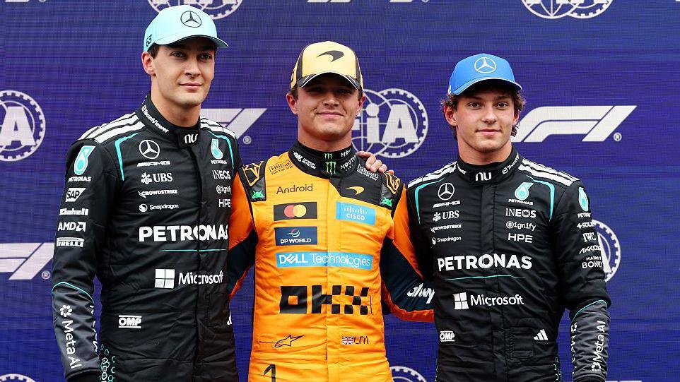 George Russell, Lando Norris and Kimi Antonelli