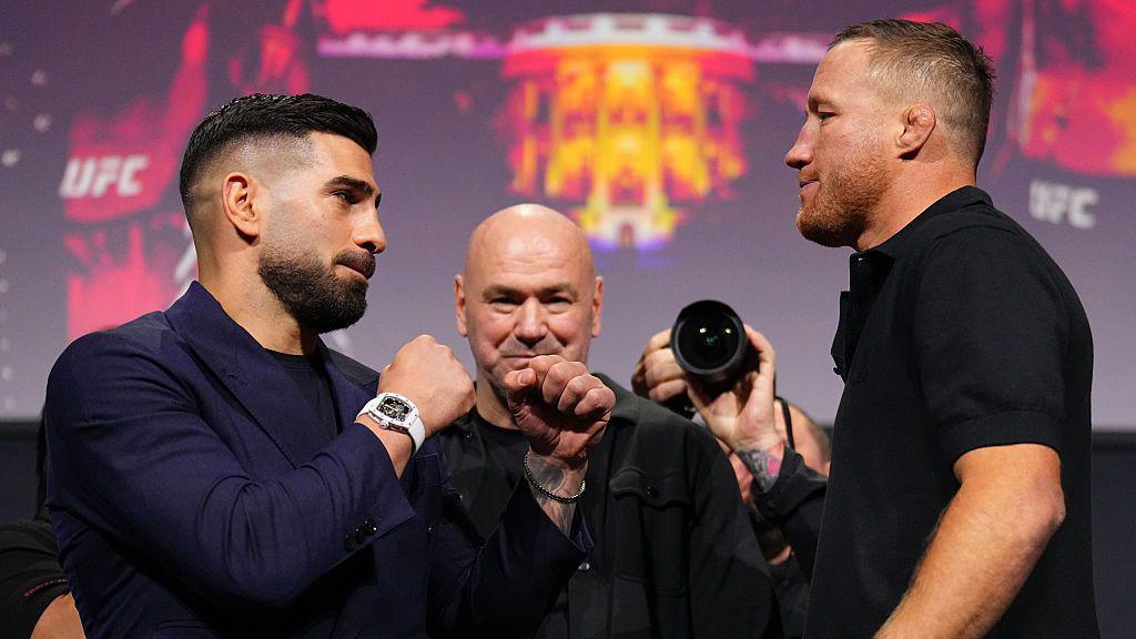 Ilia Topuria and Justin Gaethje face off at a news conference